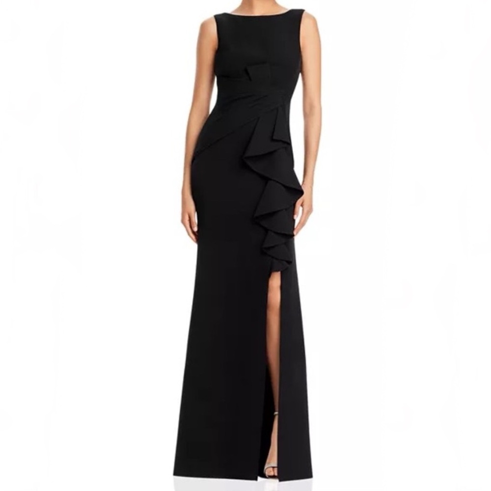 Eliza J Sleeveless Cascading-Ruffle Gown in Black Size 2